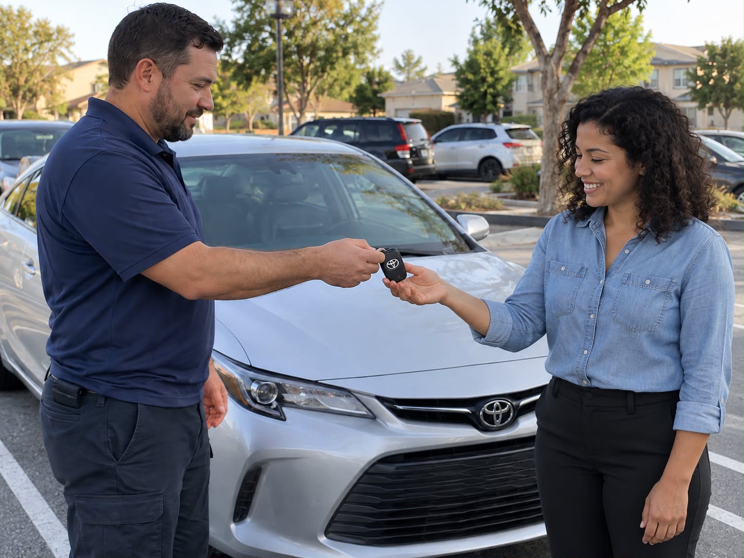 Locksmith handing a replacement car key to a customer